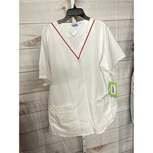 Landau Size L Pocket Front Scrub Top White Red Trim Unisex Nurse CNA Work NWT